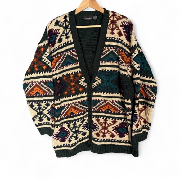 Vintage Paul Harris Aztec Print Cardigan Sweater Men's Green 90s Grandpa L - Picture 1 of 12